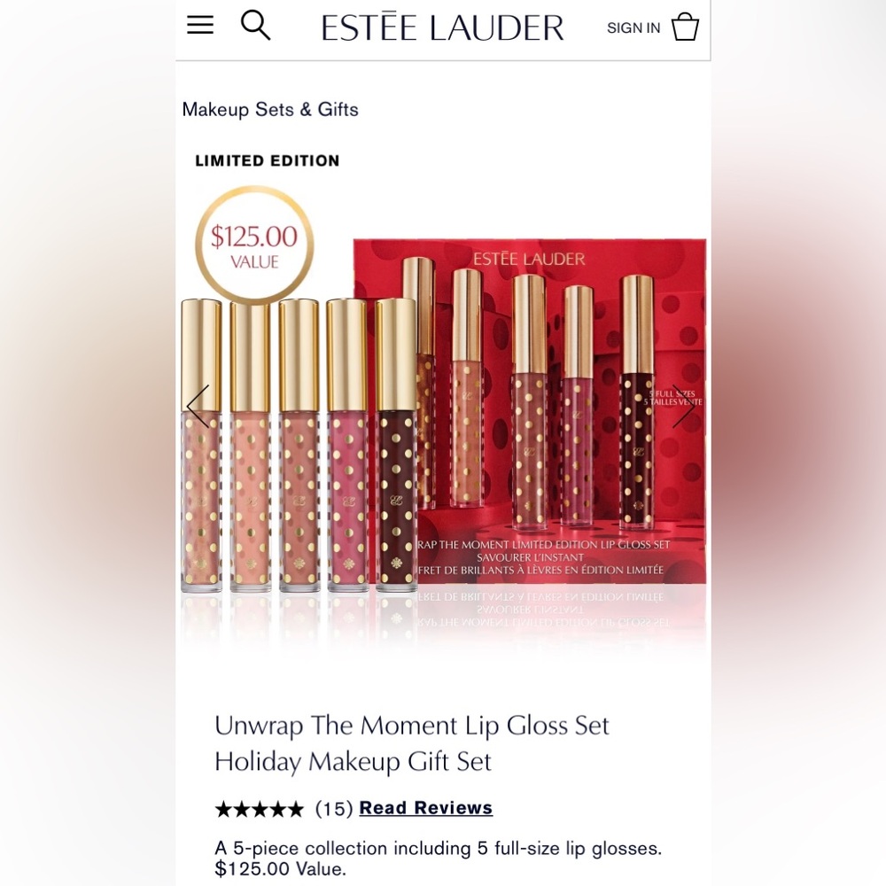 Estee Lauder Lip Gloss Set - Red, Pink, Brown Shades 5 tubes NO BOX